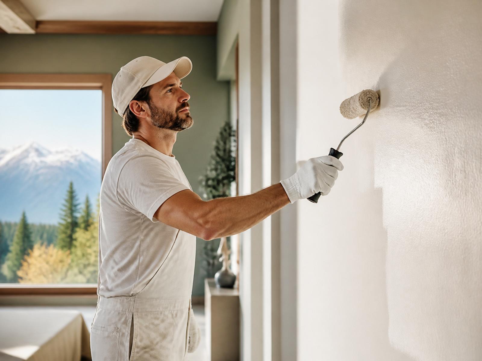 Professional painter rolling fresh paint on an interior wall
